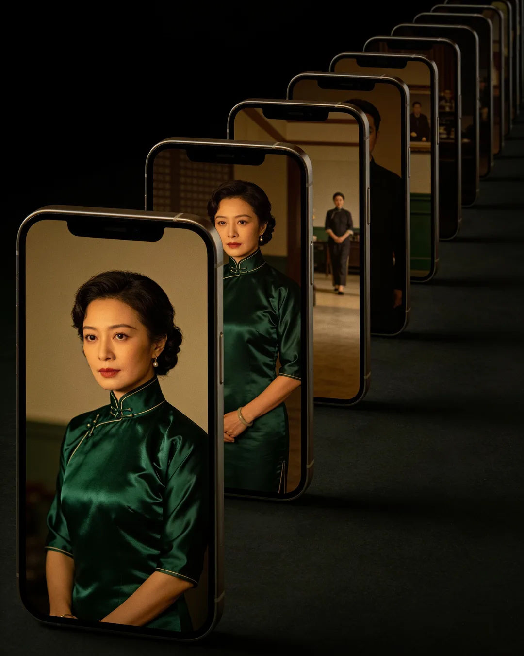A row of phones showing episodes of the same Chinese drama series