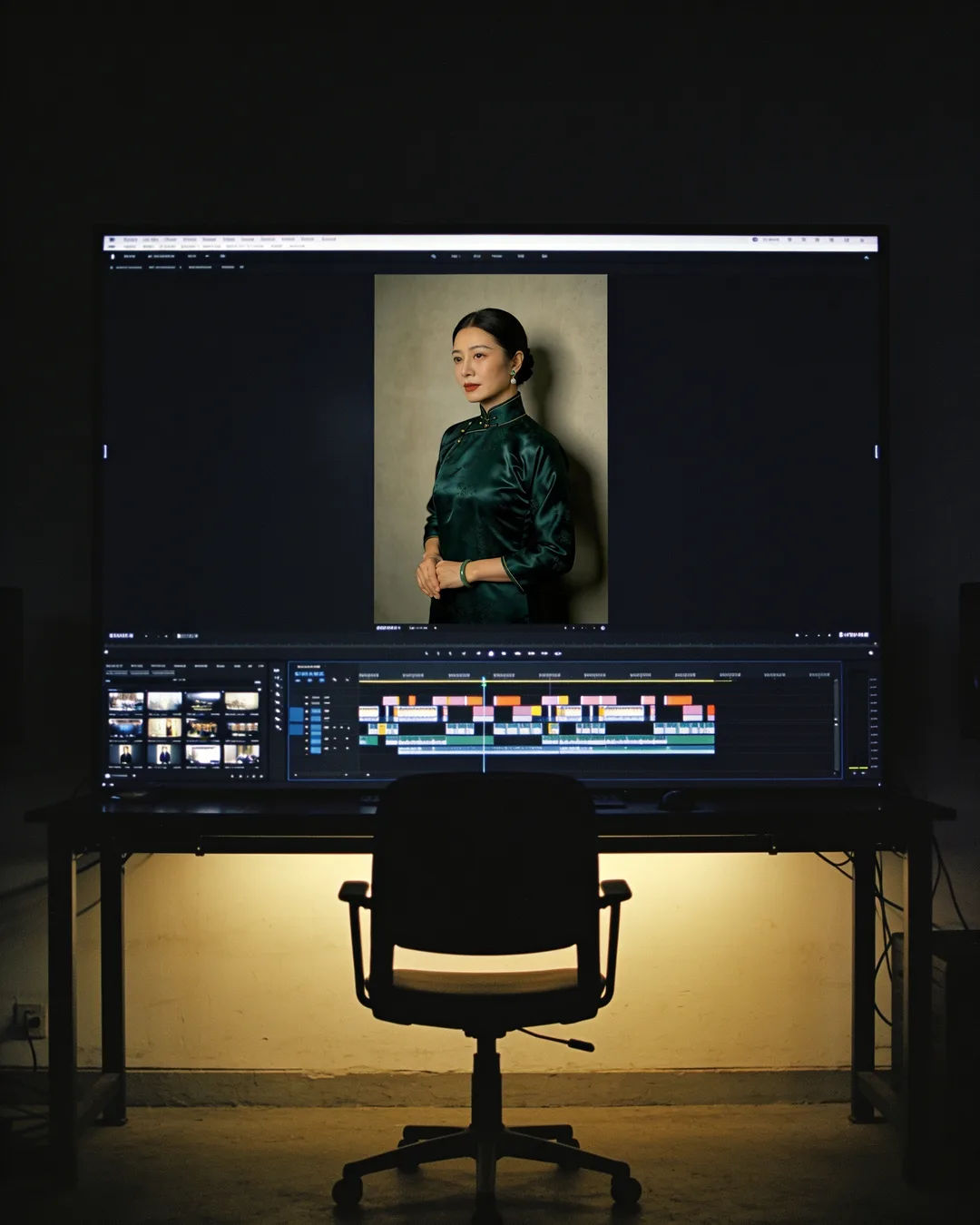 An editing suite with a vertical frame of a Chinese woman in a green silk qipao above a timeline