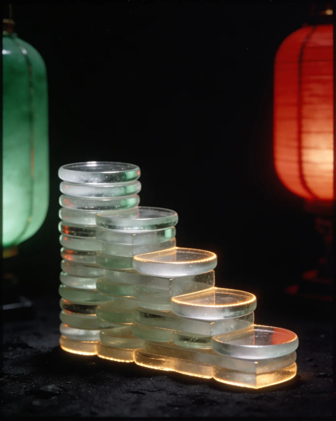 Stacks of glass tokens rising on a black ground