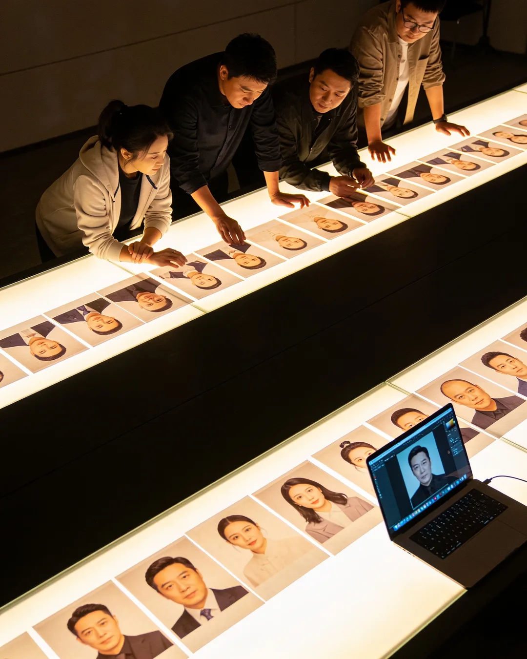 A Chinese production team reviewing printed frames on a lit table