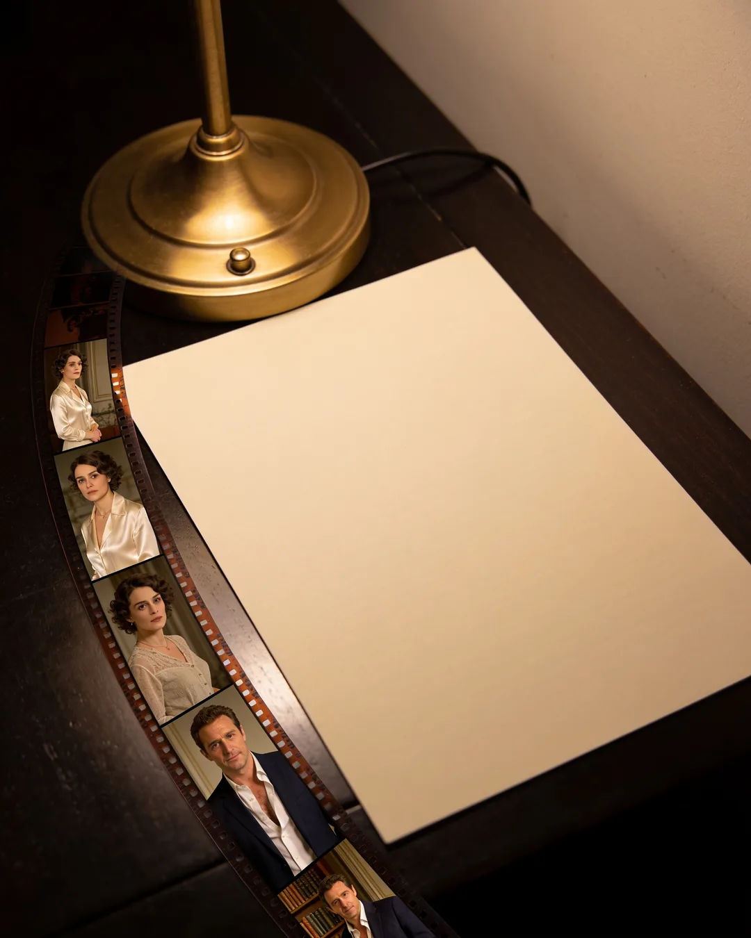 A blank page under a desk lamp beside a strip of film frames from a French family drama