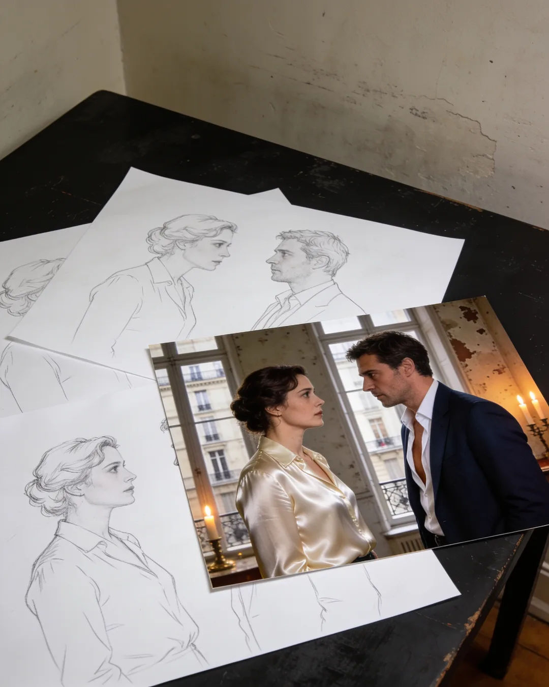 Pencil storyboard sketches around a finished photo of a French family scene