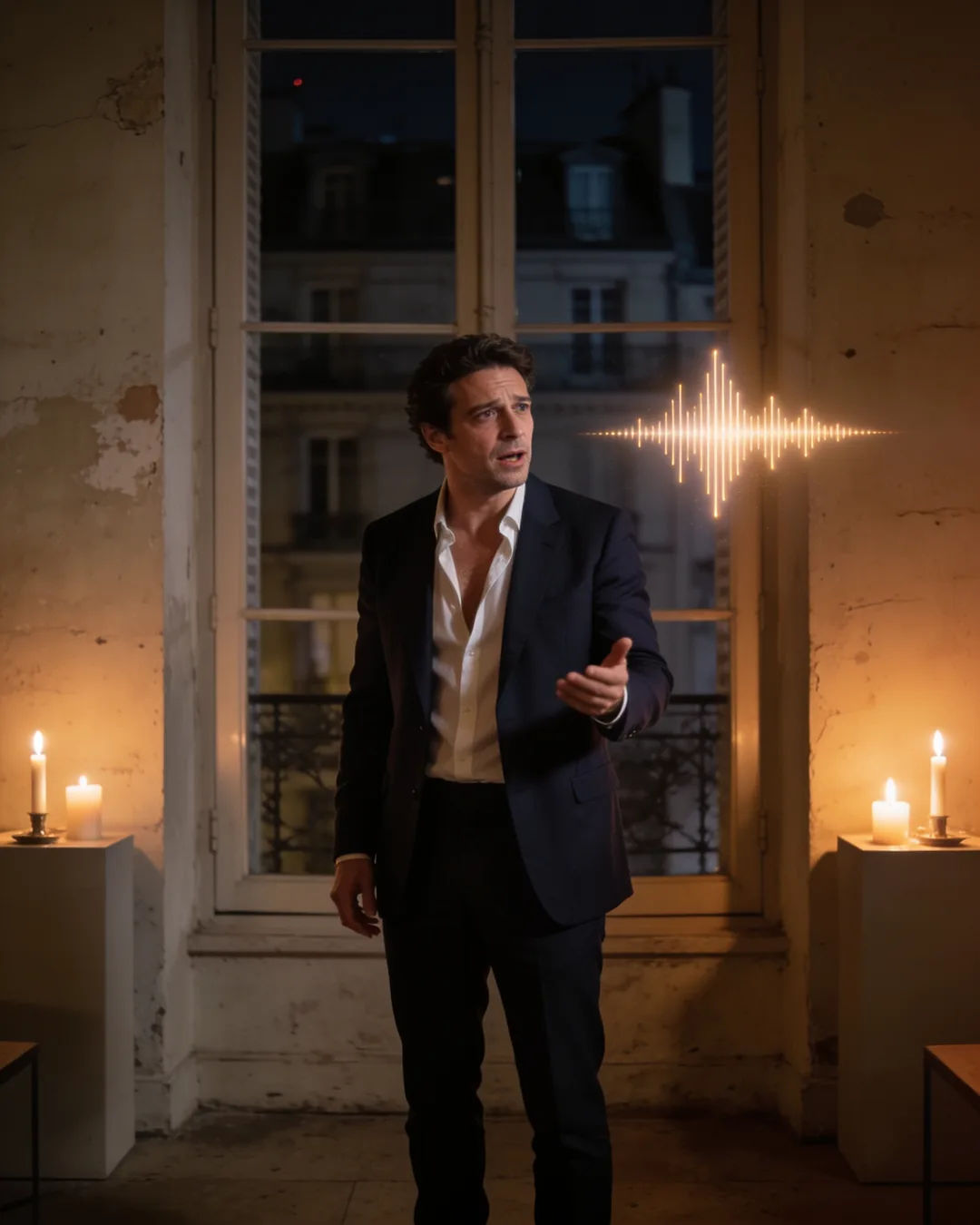 A French man in a navy suit speaking at home, a sound waveform beside him