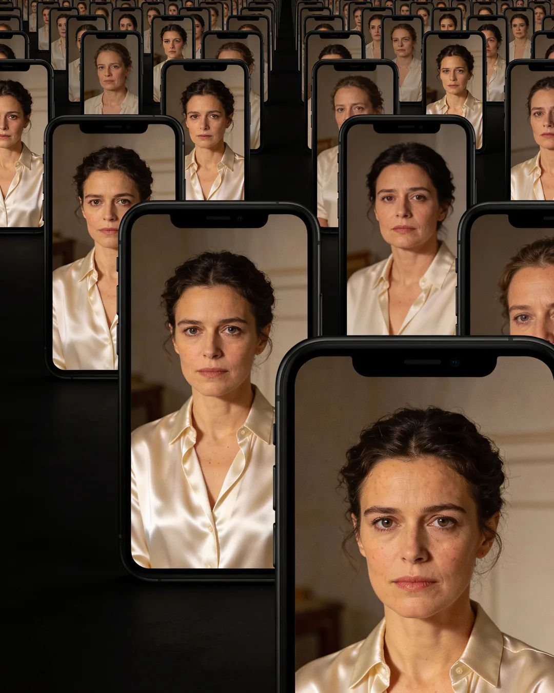 A row of phones showing episodes of the same French drama series