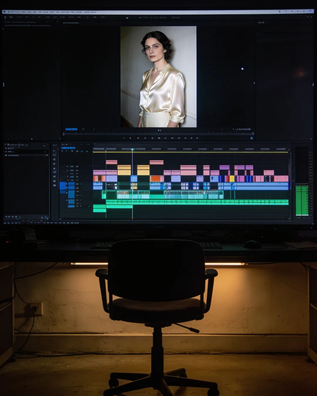 An editing suite with a vertical frame of a French woman in a cream satin blouse above a timeline