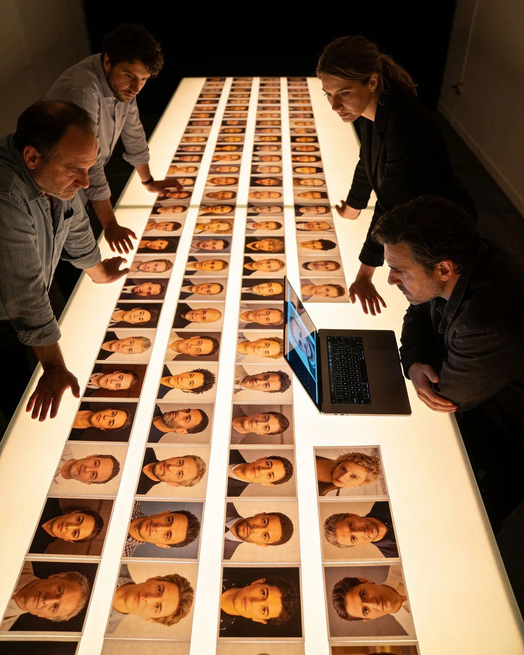 A French production team reviewing printed frames on a lit table