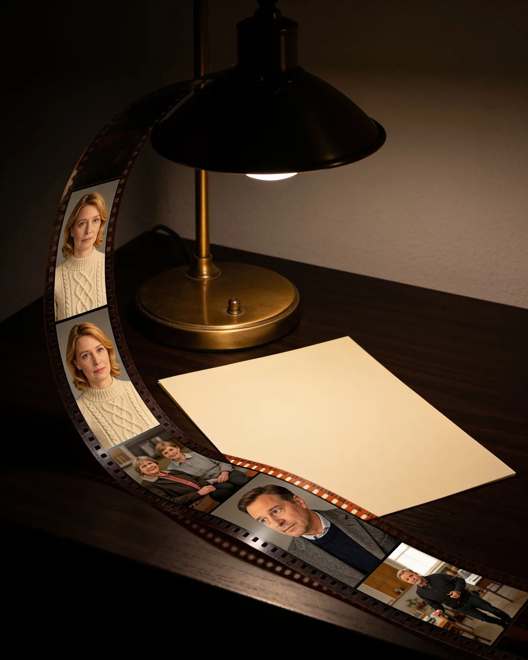 A blank page under a desk lamp beside a strip of film frames from a German family drama