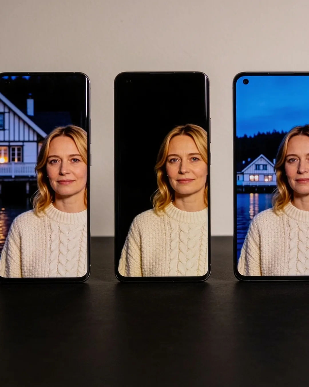 The same German woman in a cream knit sweater on three vertical phone screens