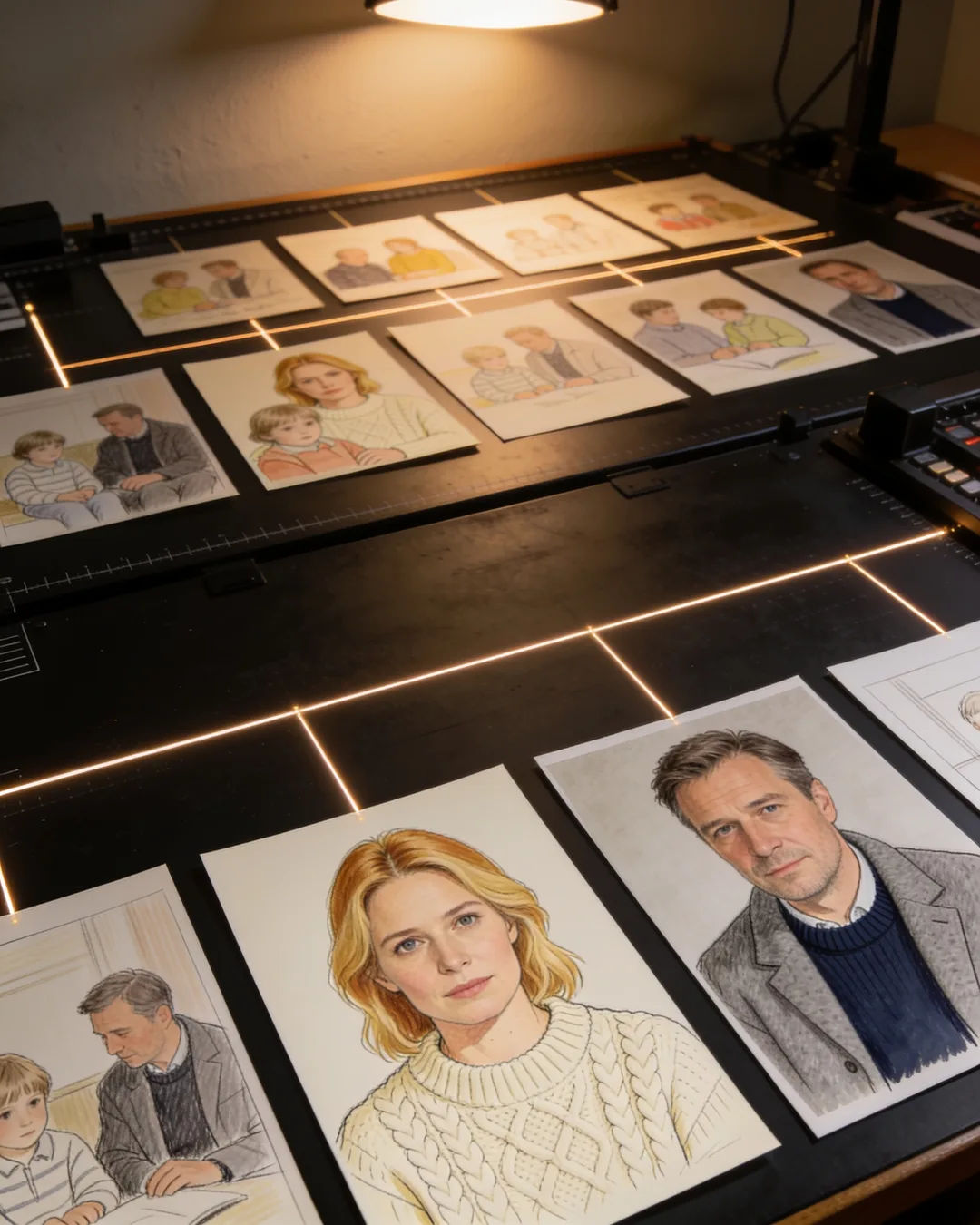 Storyboard cards of a German family drama laid out on a production table