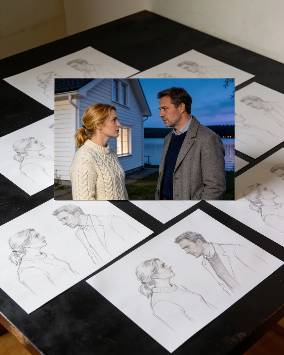 Pencil storyboard sketches around a finished photo of a German family scene