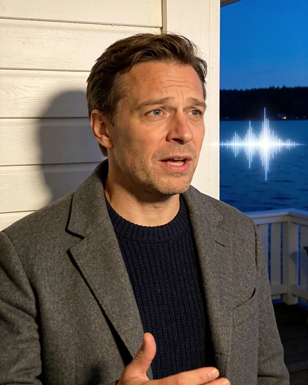 A German man in a grey wool jacket speaking at home, a sound waveform beside him