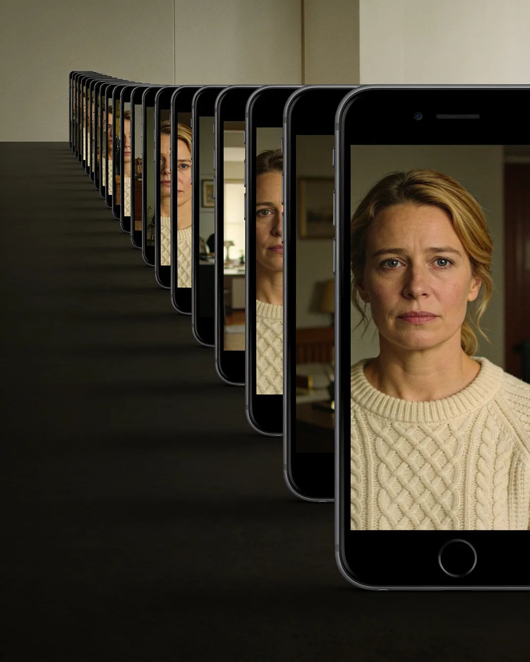 A row of phones showing episodes of the same German drama series
