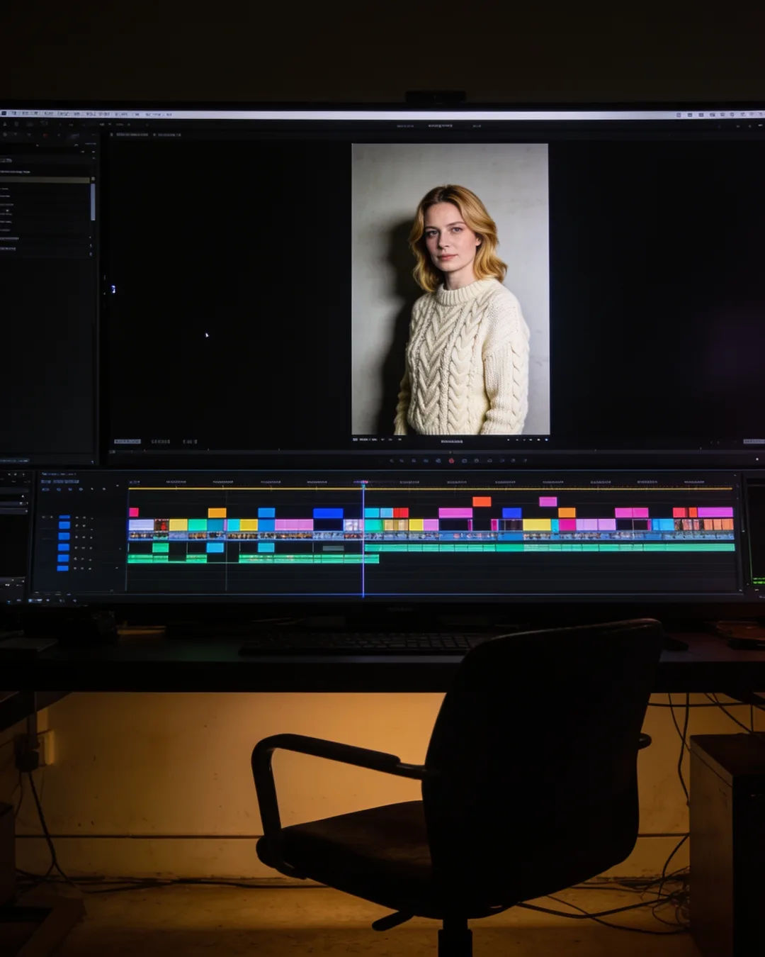 An editing suite with a vertical frame of a German woman in a cream knit sweater above a timeline