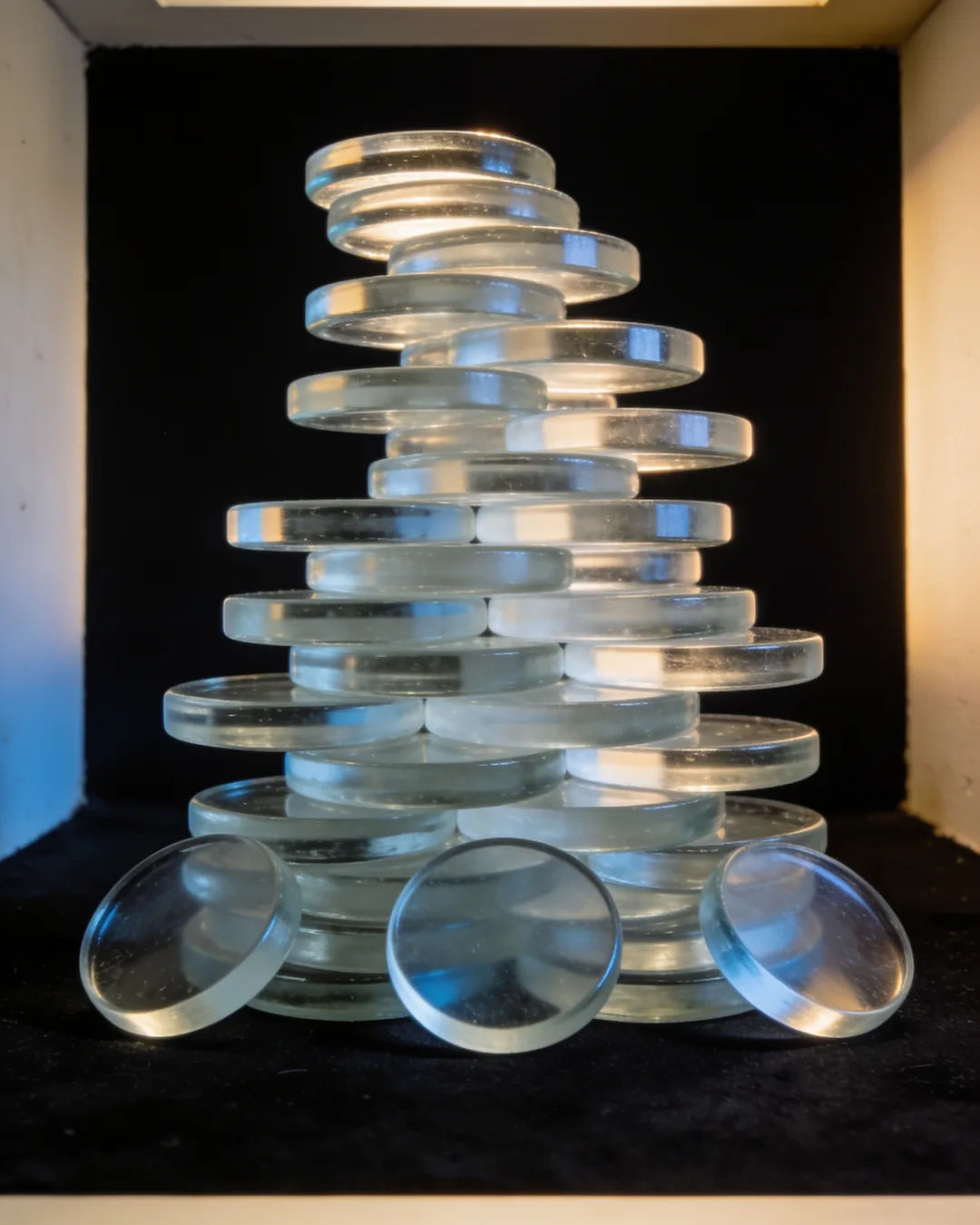 Stacks of glass tokens rising on a black ground