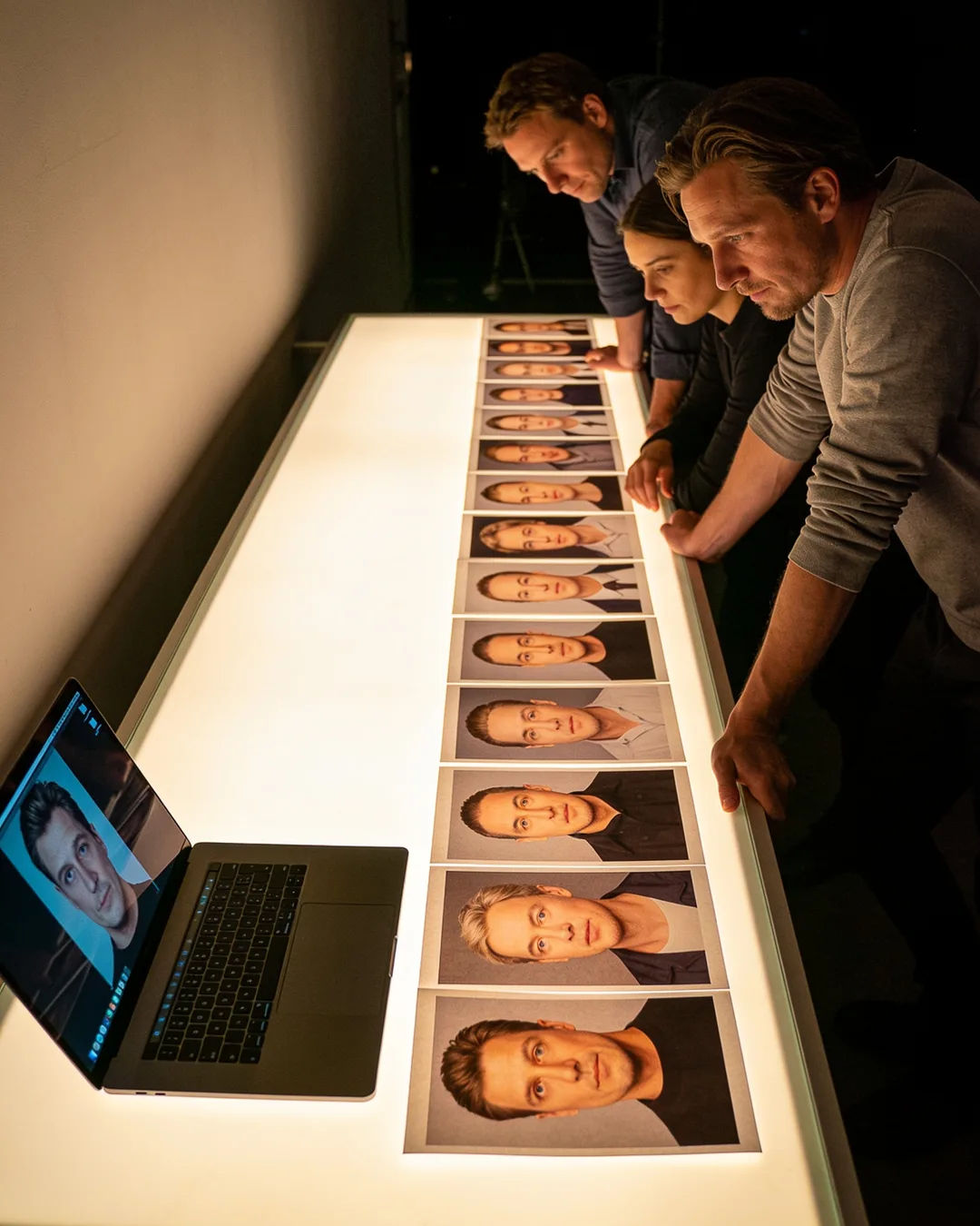 A Berlin production team reviewing printed frames on a lit table