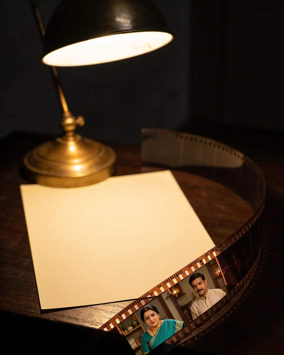 A blank page under a desk lamp beside a strip of film frames from a Gujarati family drama