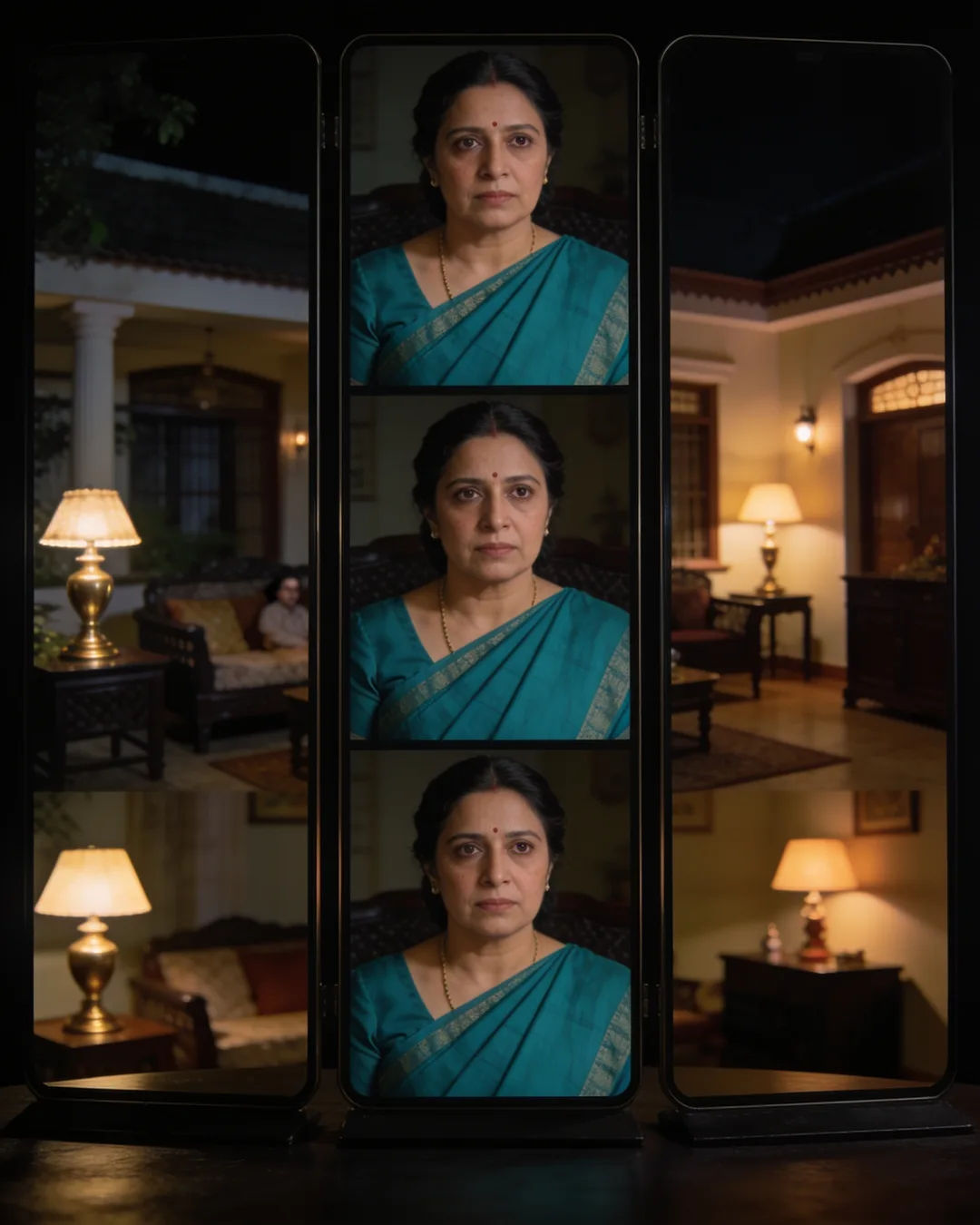The same Gujarati woman in a teal saree on three vertical phone screens