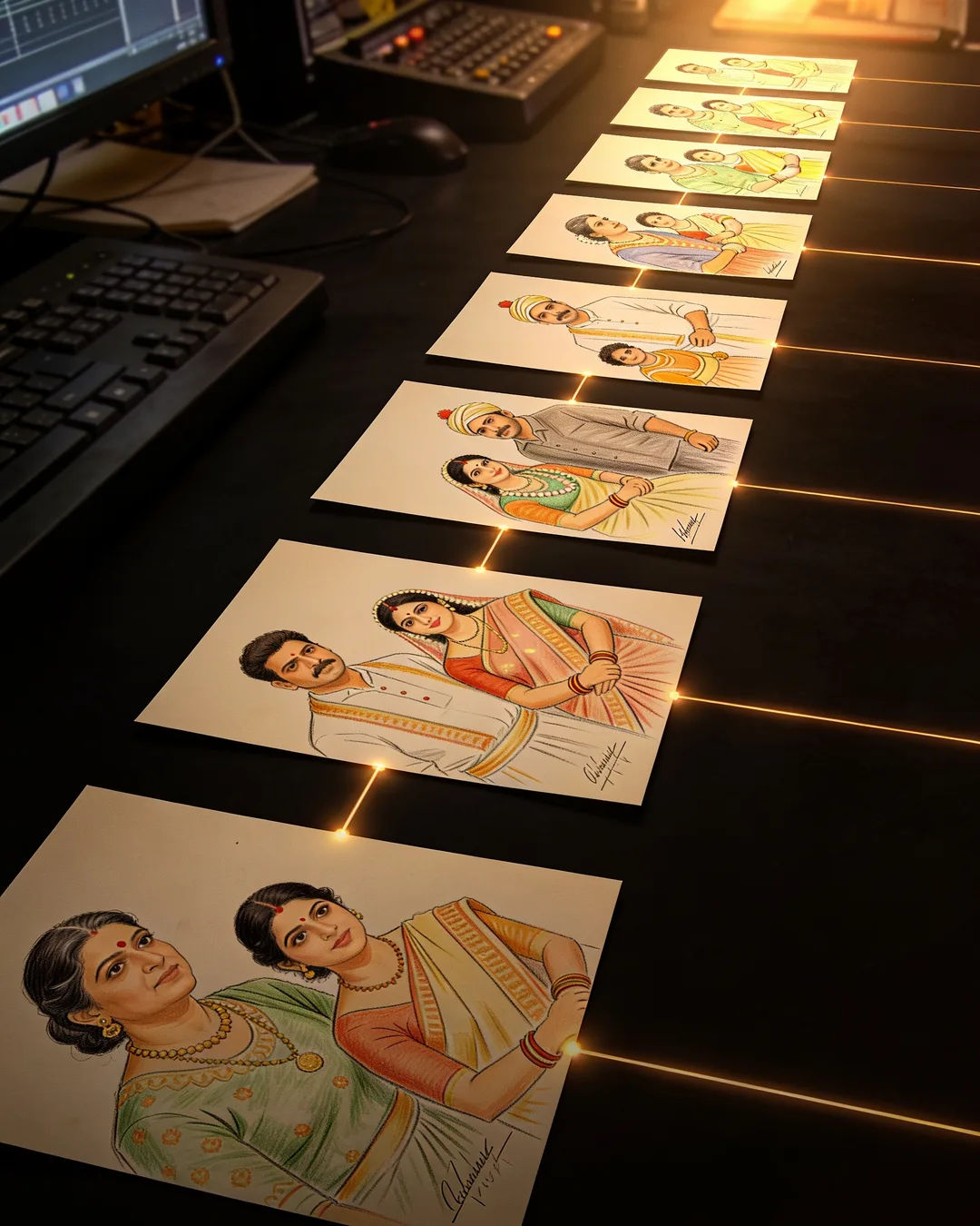 Storyboard cards of a Gujarati family drama laid out on a production table