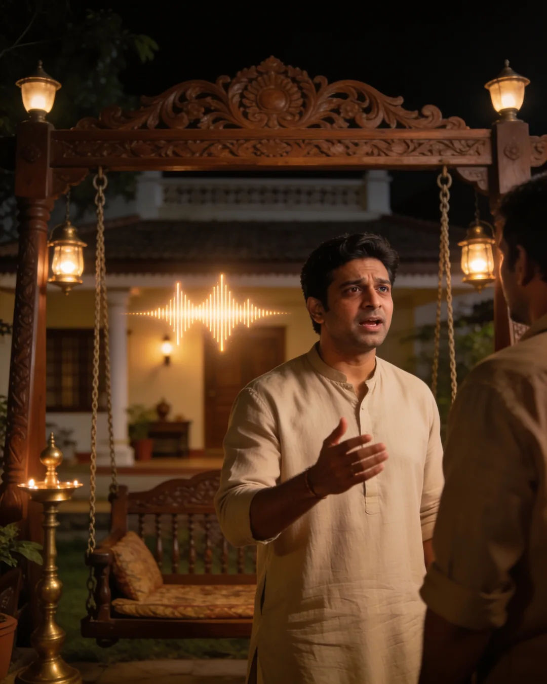 A Gujarati man in a kurta speaking at home, a sound waveform beside him