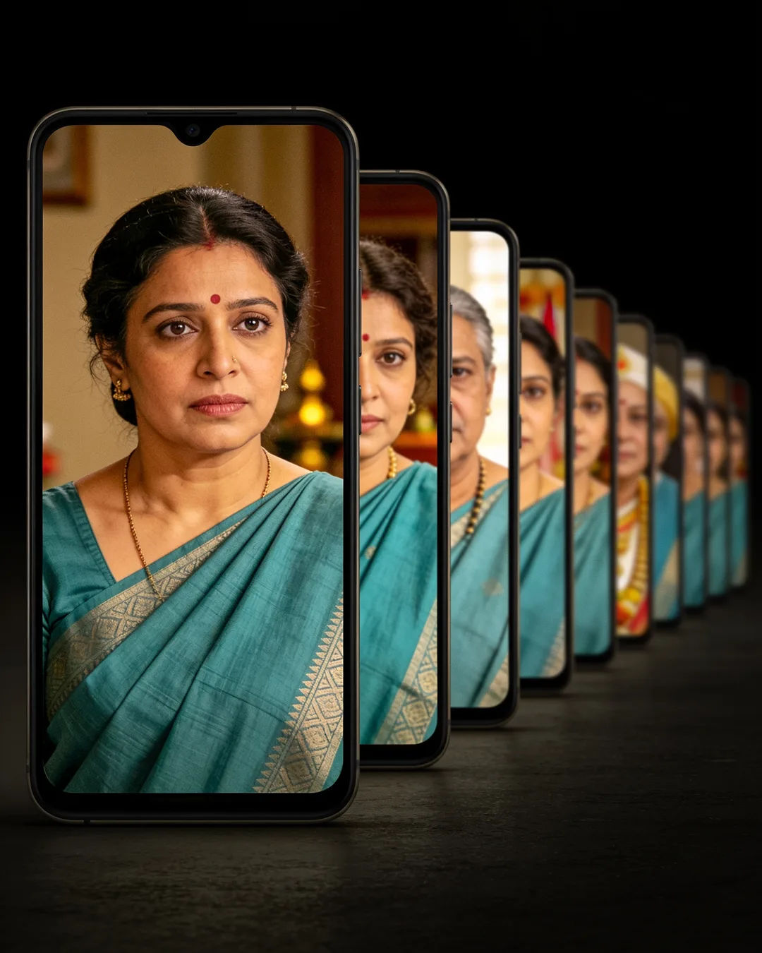 A row of phones showing episodes of the same Gujarati drama series