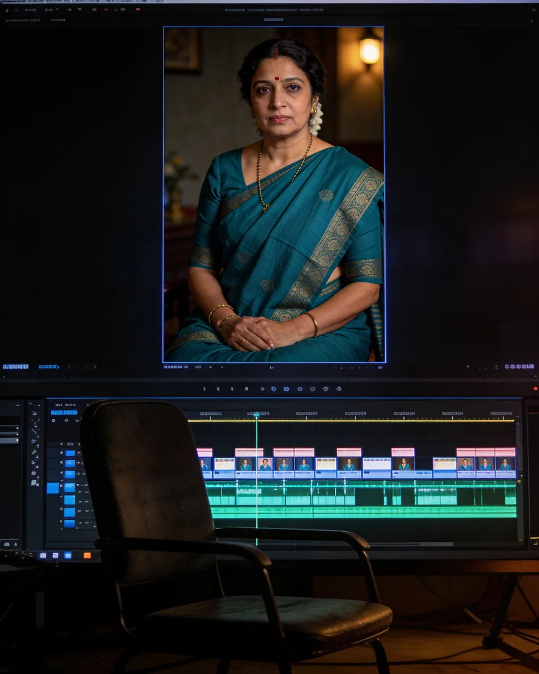 An editing suite with a vertical frame of a Gujarati woman in a teal saree above a timeline