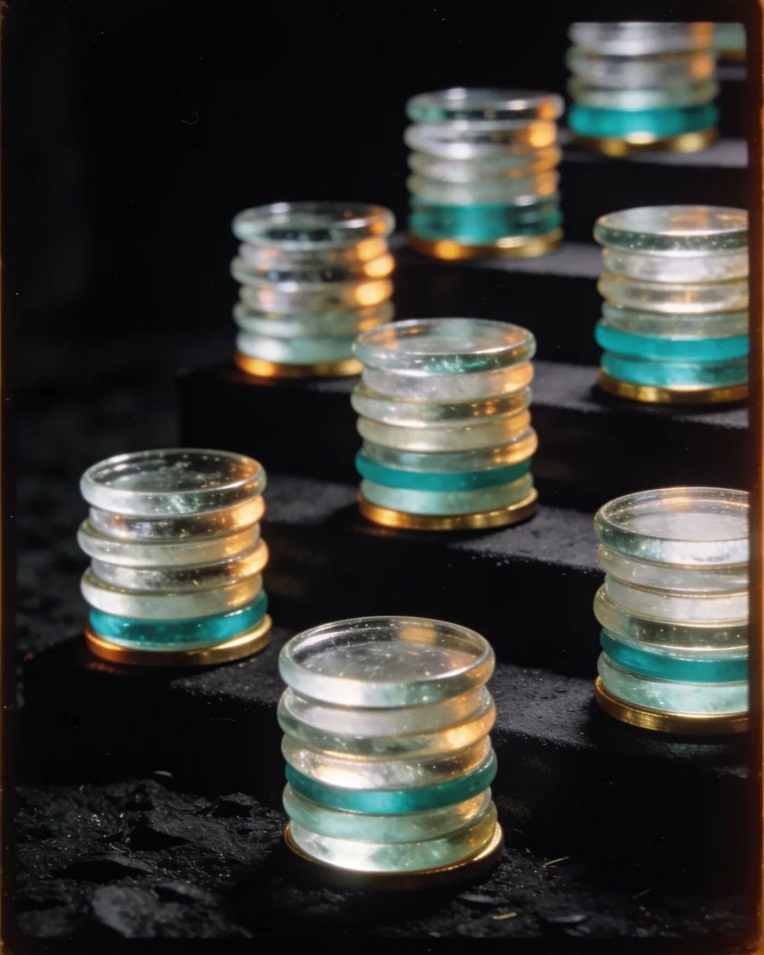 Stacks of glass tokens rising on a black ground