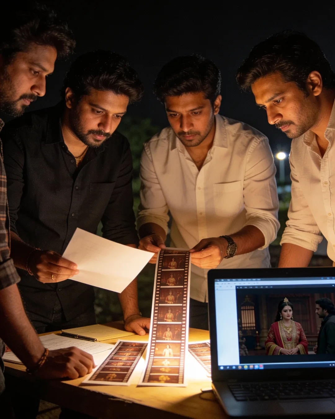 A Gujarati production team reviewing printed frames on a lit table