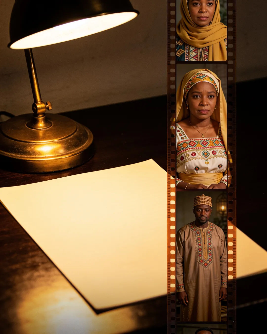 A blank page under a desk lamp beside a strip of film frames from a Hausa family drama