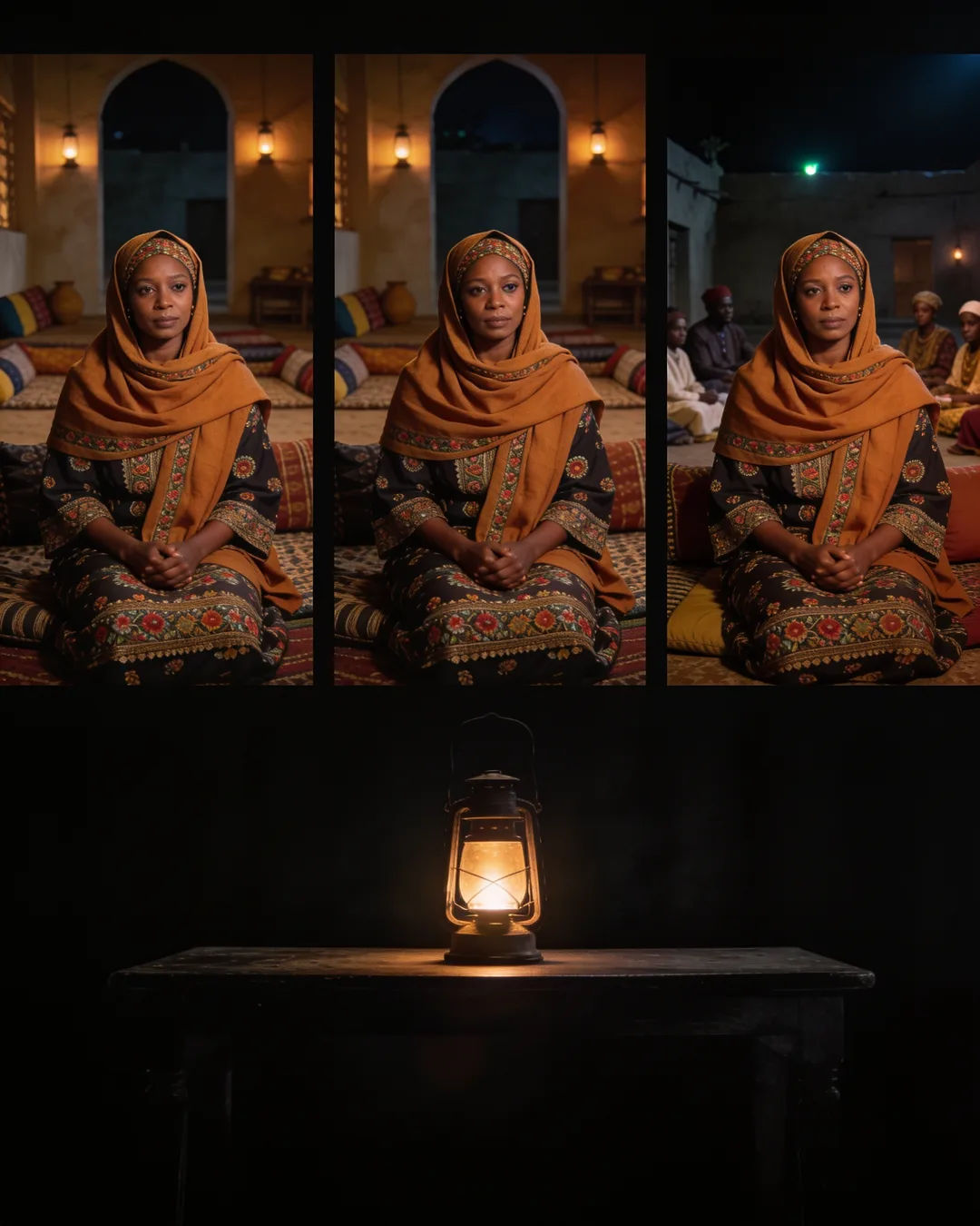The same Hausa woman in an embroidered wrapper and shawl on three vertical phone screens