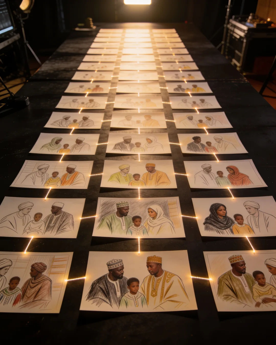 Storyboard cards of a Hausa family drama laid out on a production table
