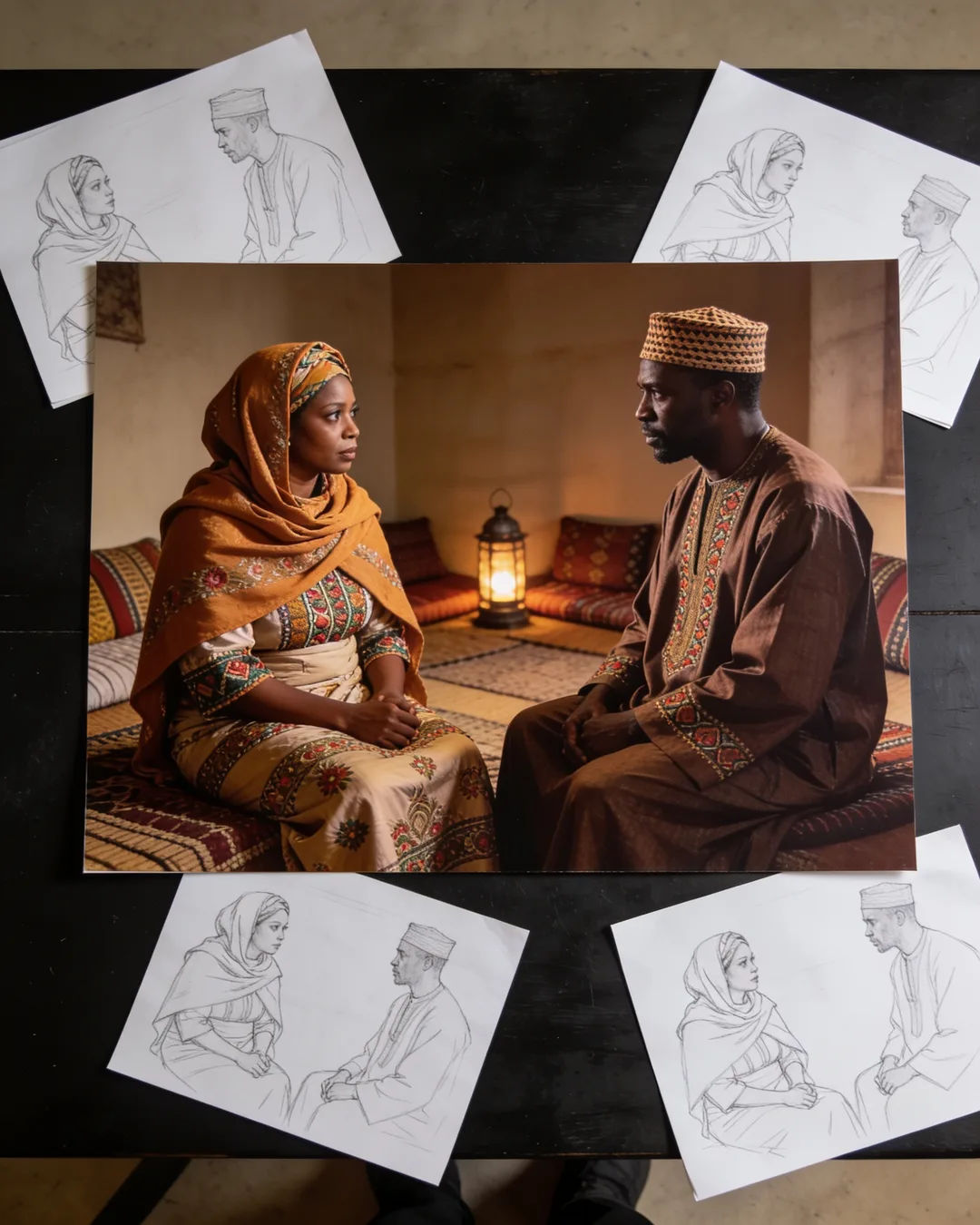 Pencil storyboard sketches around a finished photo of a Hausa family scene