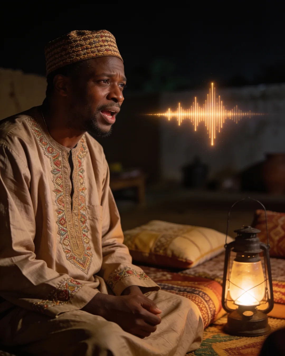 A Hausa man in an embroidered kaftan and cap speaking at home, a sound waveform beside him
