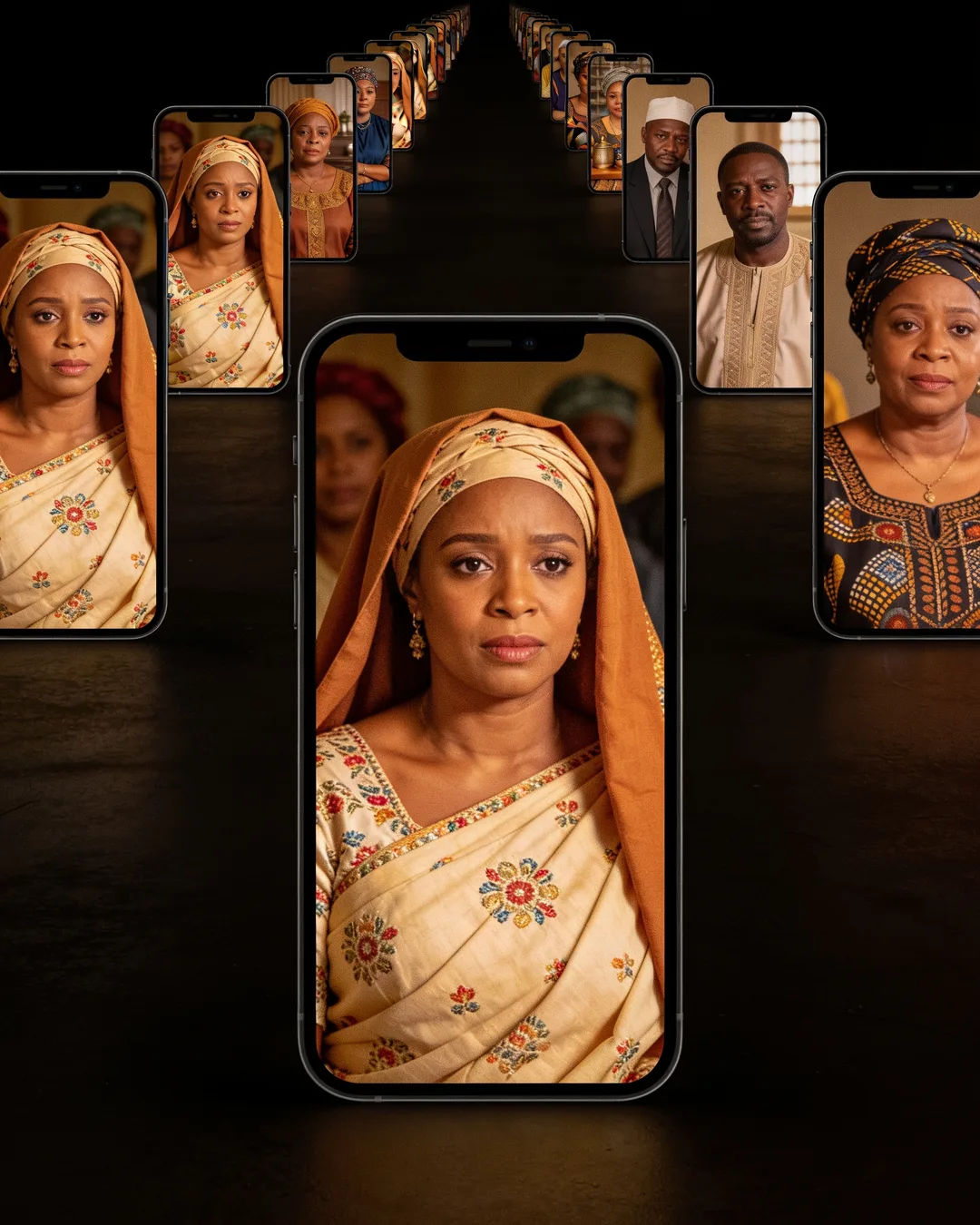 A row of phones showing episodes of the same Hausa drama series