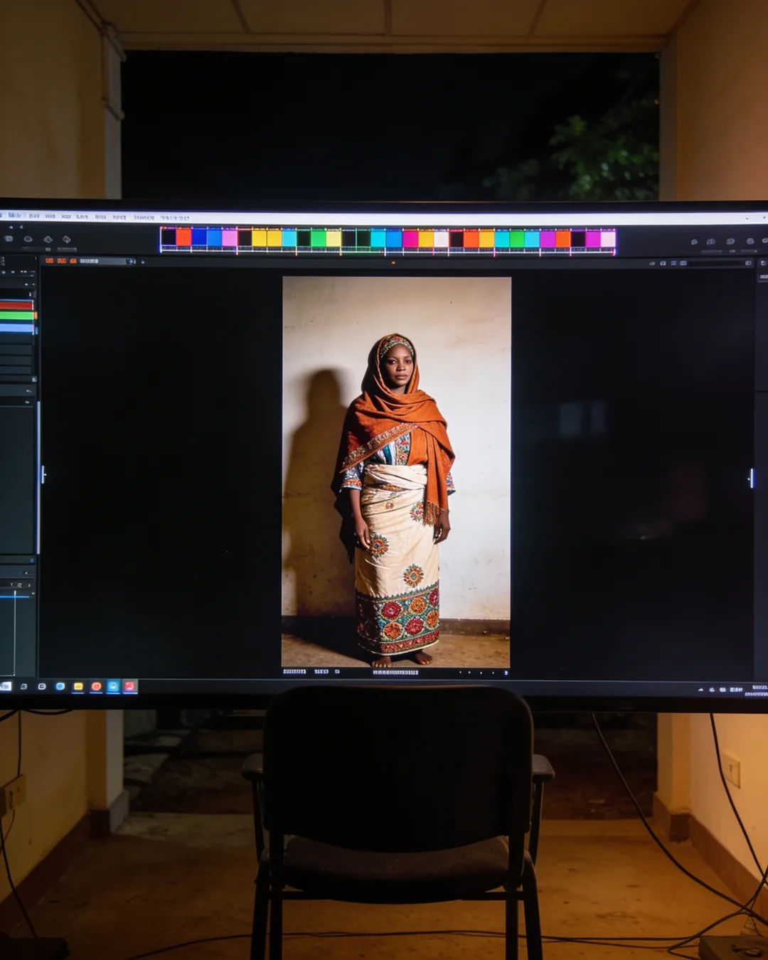 An editing suite with a vertical frame of a Hausa woman in an embroidered wrapper and shawl above a timeline