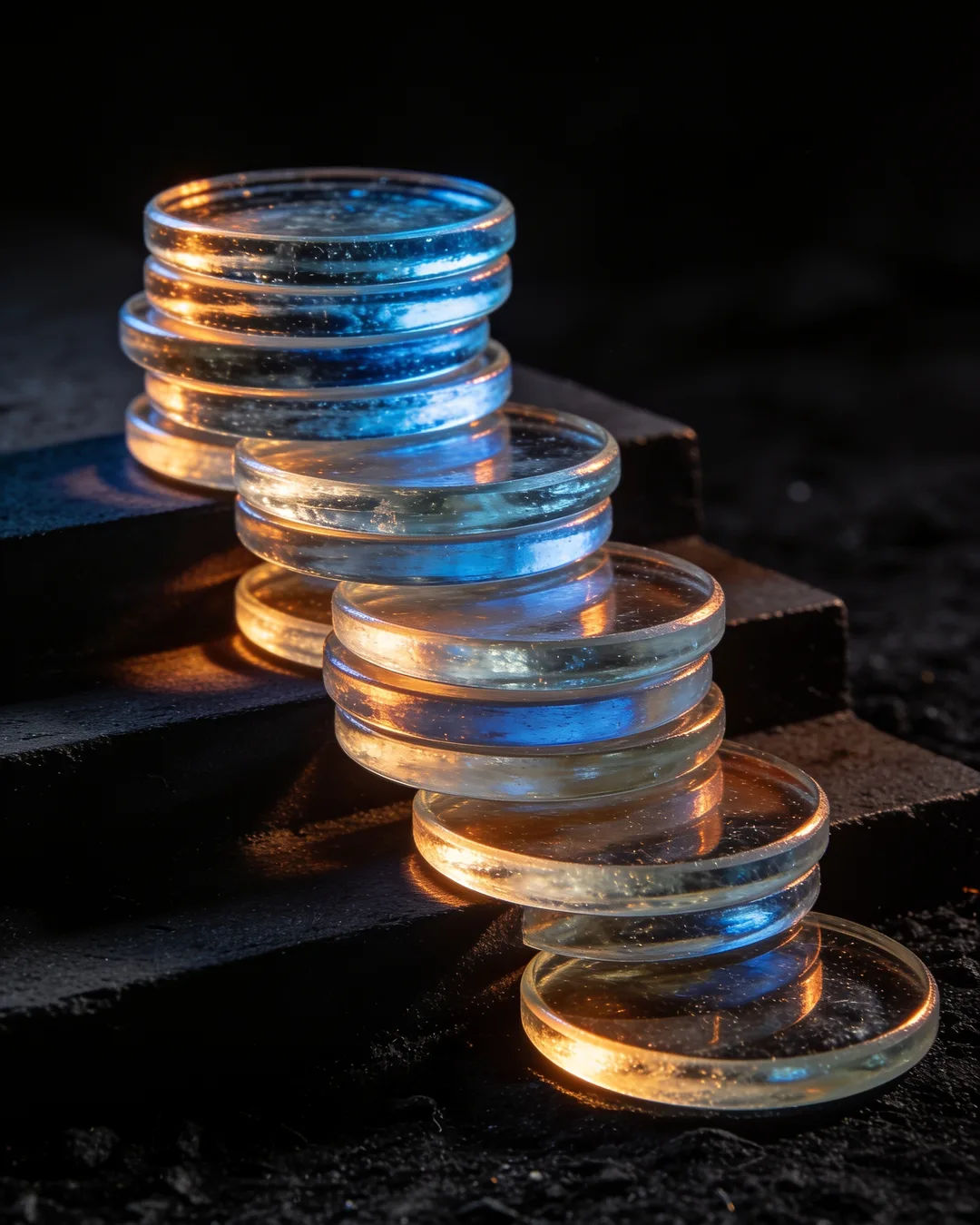Stacks of glass tokens rising on a black ground