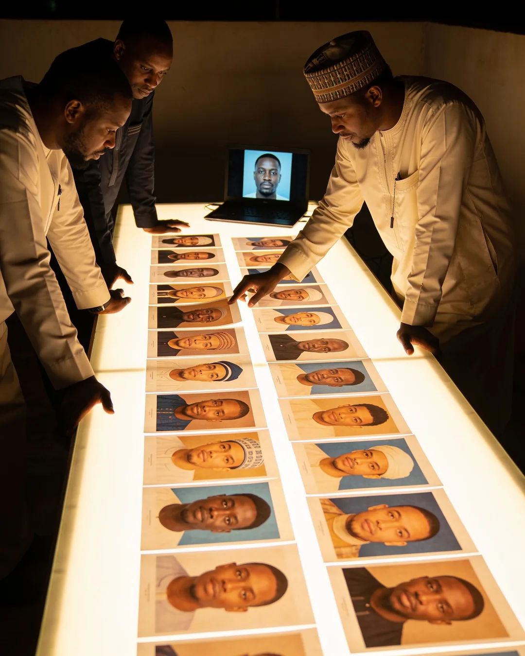 A Northern Nigerian production team reviewing printed frames on a lit table