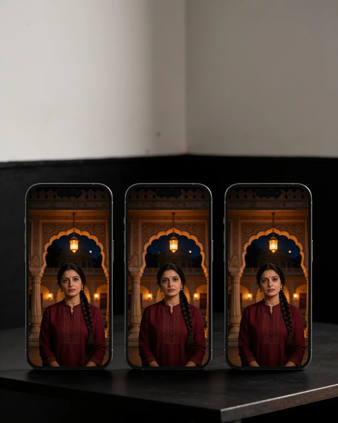 The same woman in a maroon kurta on three vertical phone screens