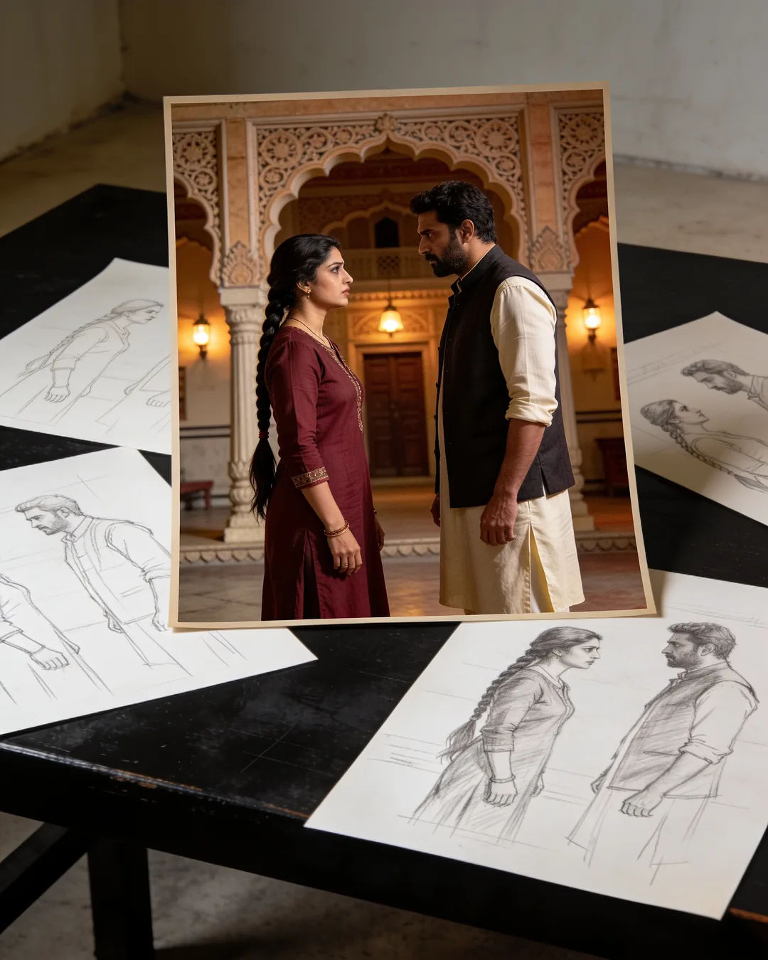 Pencil storyboard sketches around a finished photo of a Hindi family scene