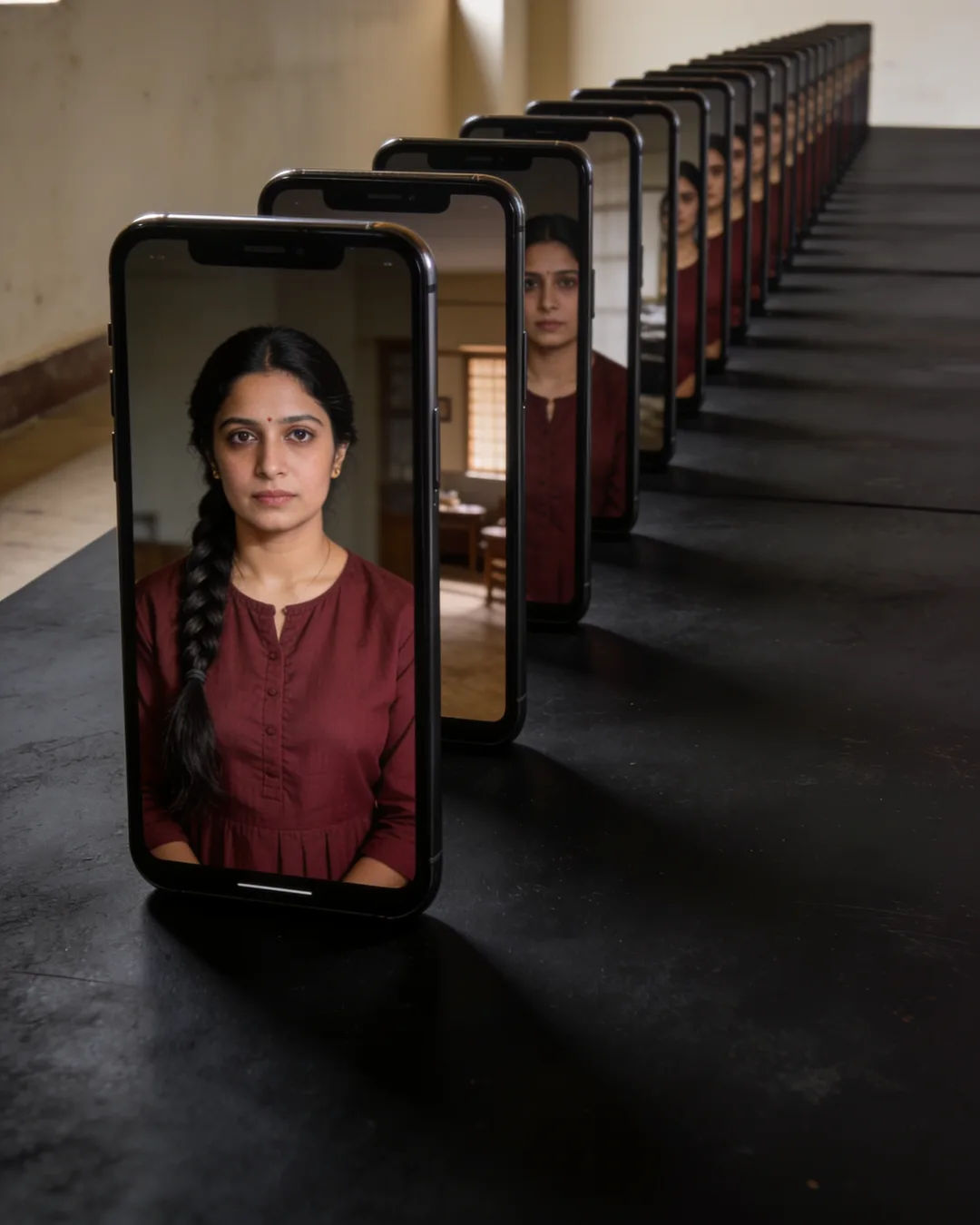 A row of phones showing episodes of the same Hindi drama series