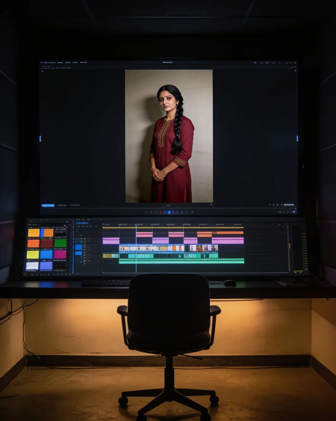 An editing suite with a vertical frame of a woman in a maroon kurta above a timeline