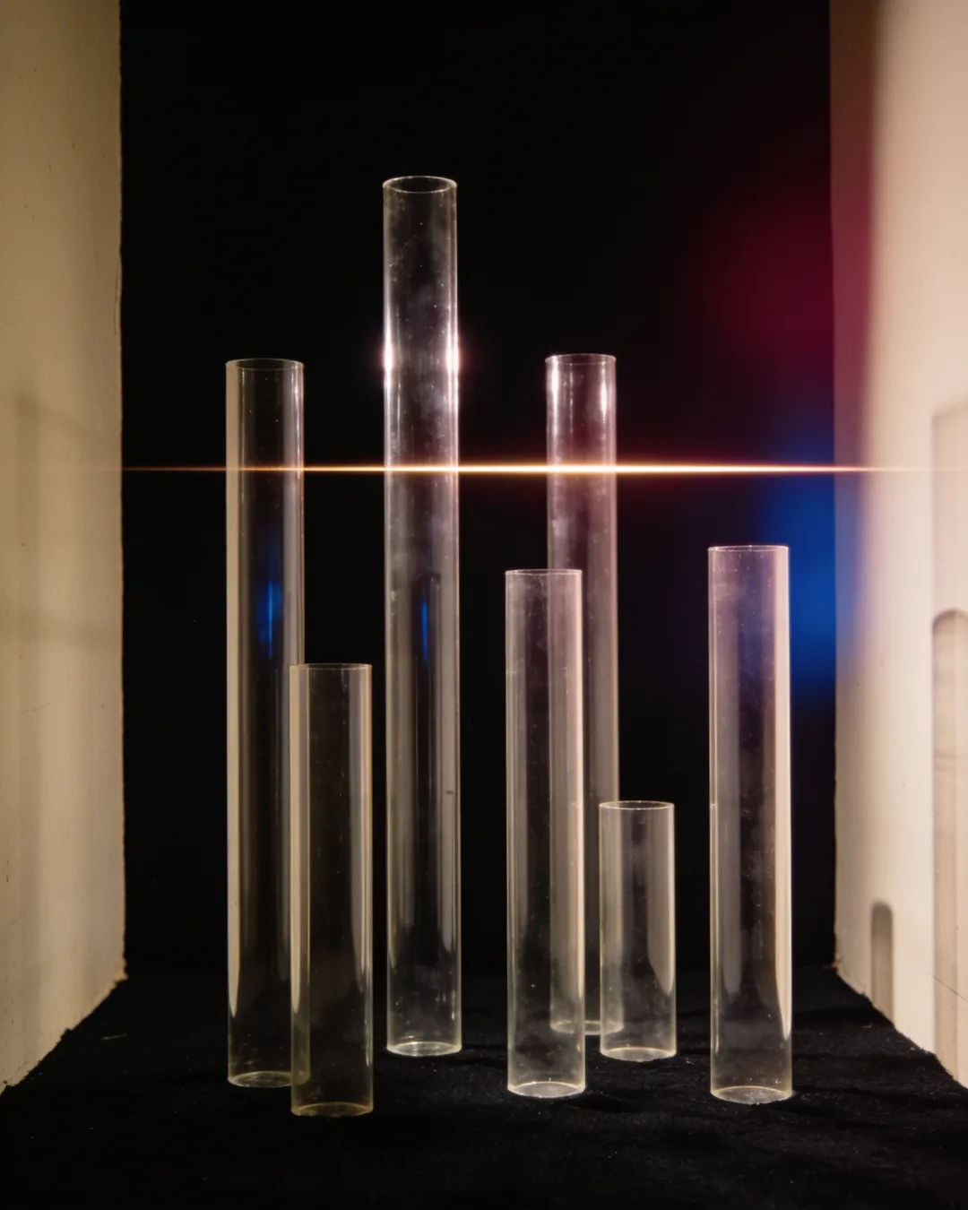 Glass columns of different heights with a glowing limit line