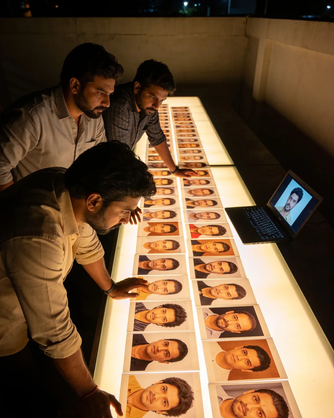 A Mumbai production team reviewing printed frames on a lit table