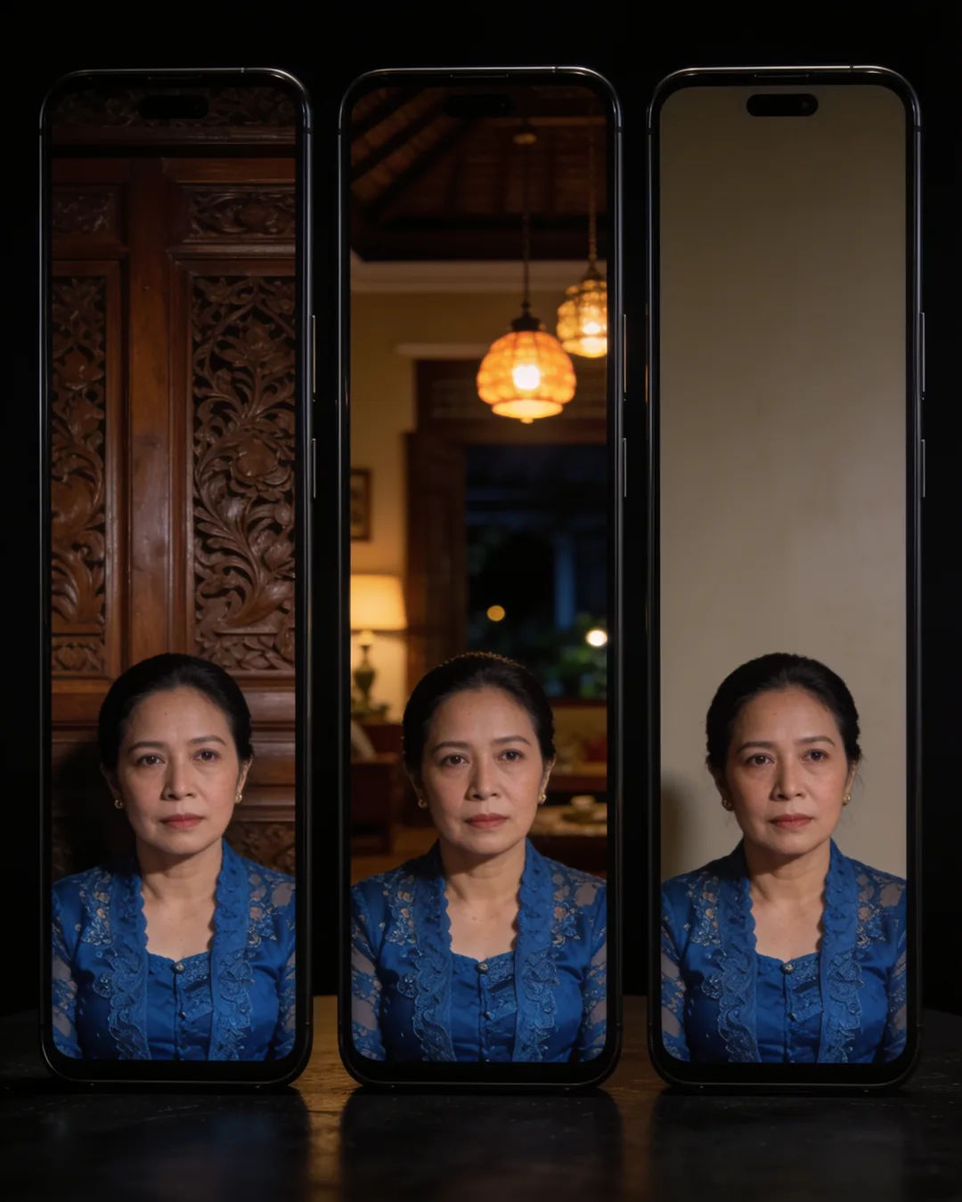 The same Indonesian woman in a blue kebaya on three vertical phone screens