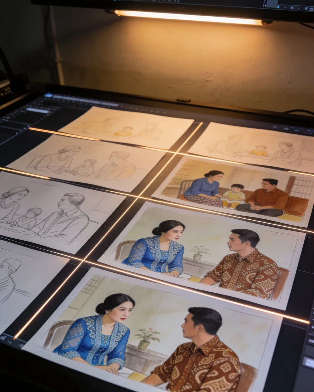 Storyboard cards of an Indonesian family drama laid out on a production table