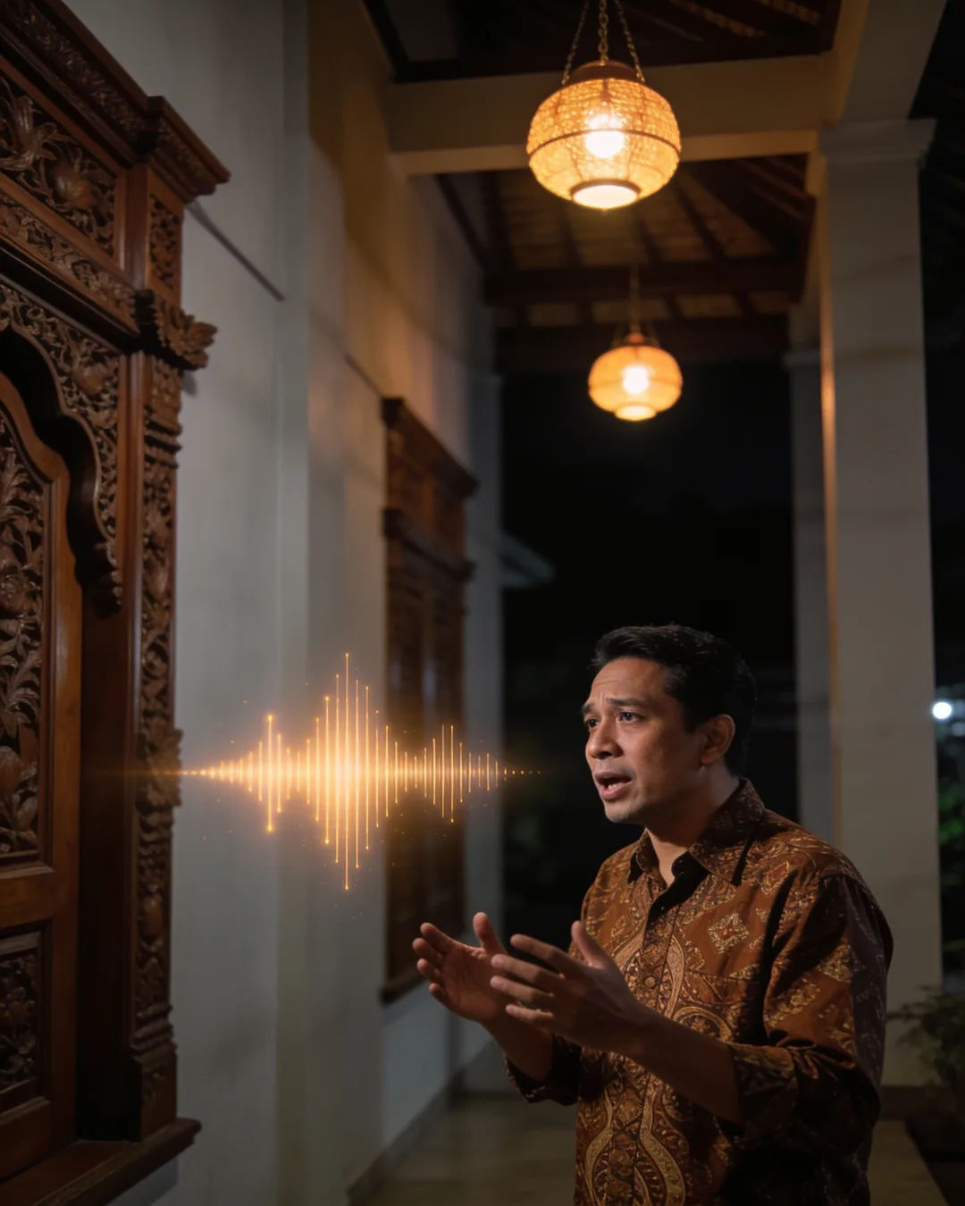 An Indonesian man in a batik shirt speaking at home, a sound waveform beside him