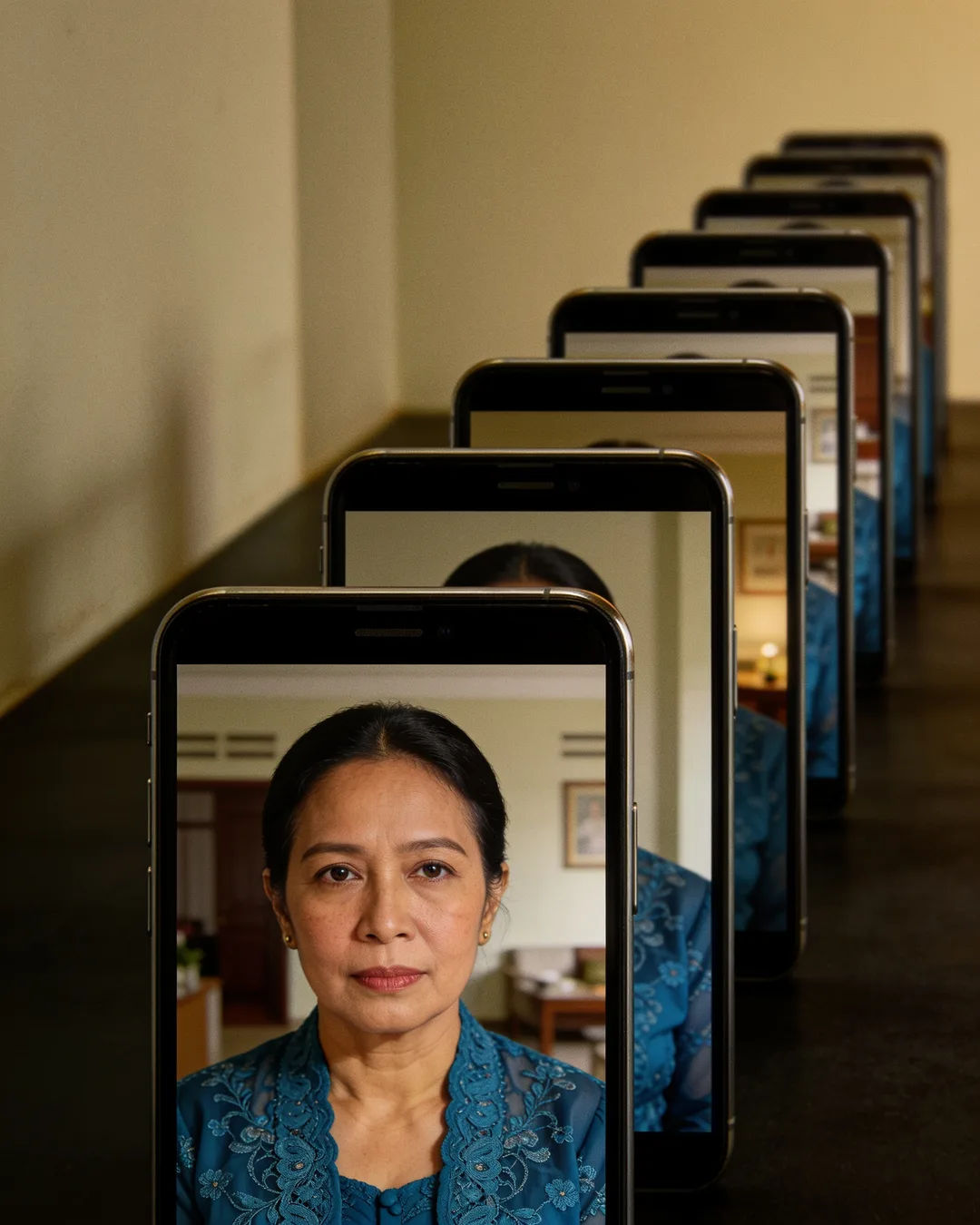 A row of phones showing episodes of the same Indonesian drama series