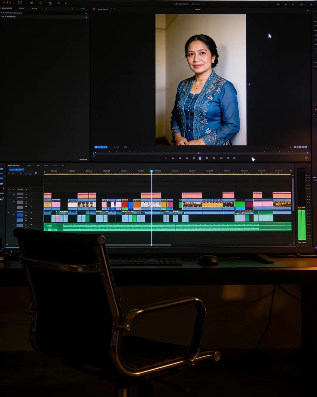 An editing suite with a vertical frame of an Indonesian woman in a blue kebaya above a timeline
