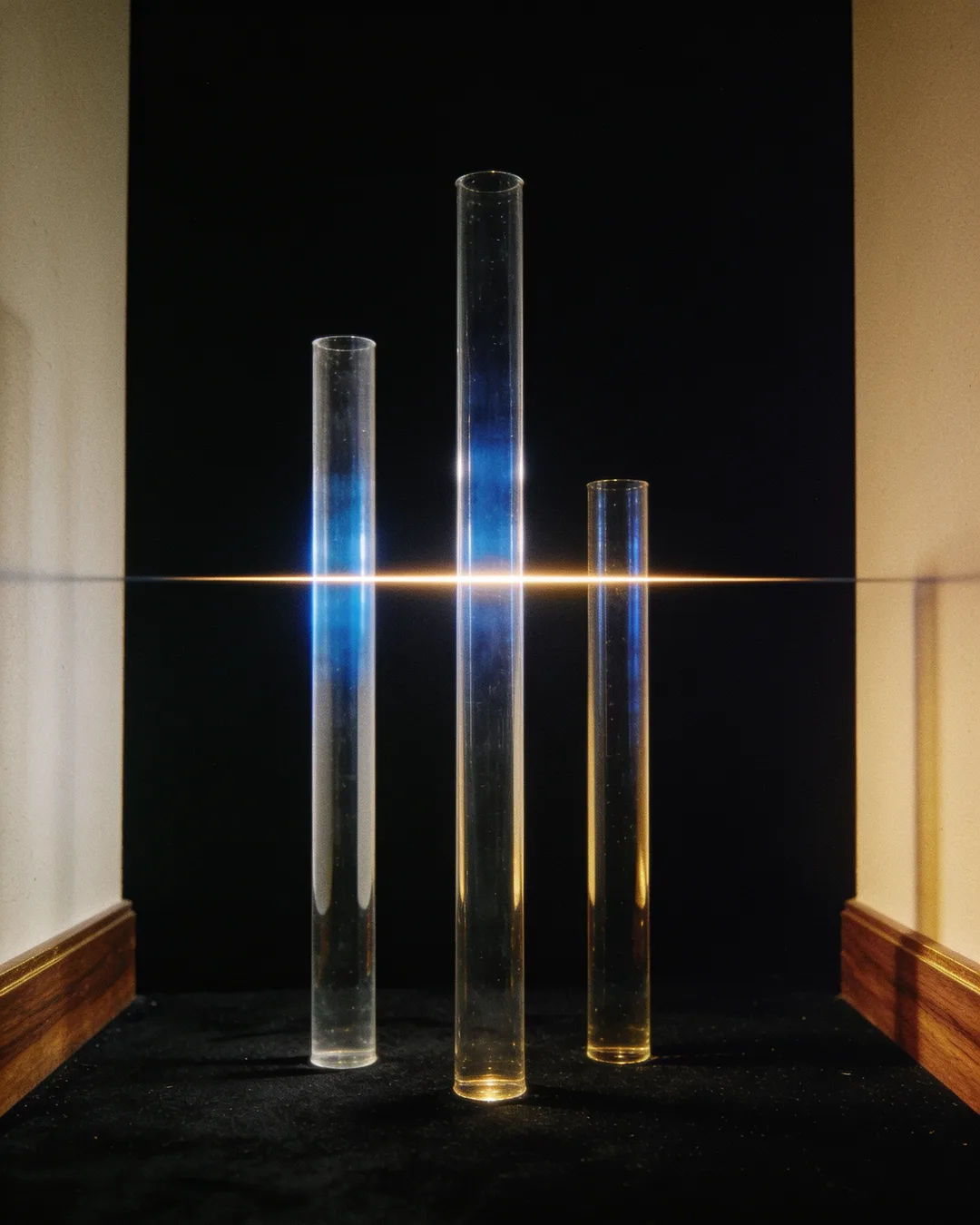 Glass columns of different heights with a glowing limit line