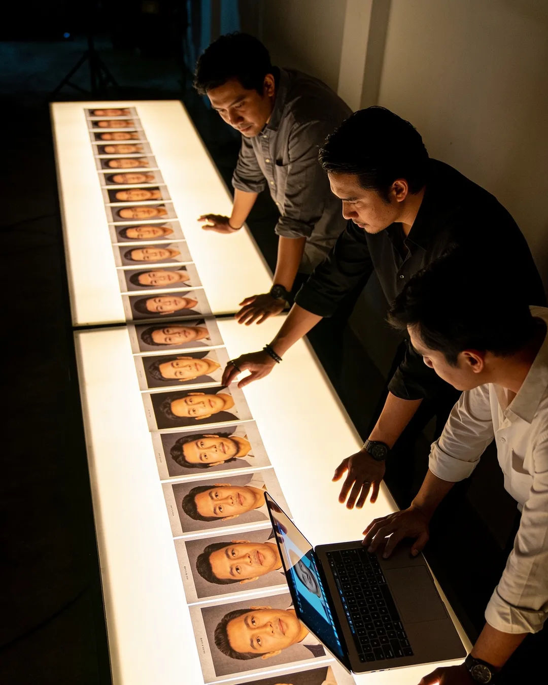 A Jakarta production team reviewing printed frames on a lit table