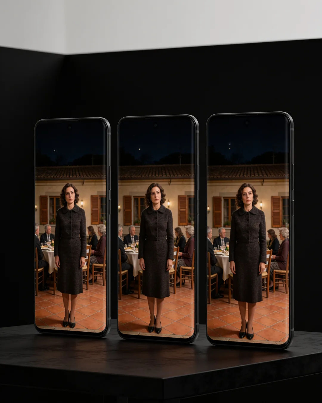 The same Italian woman in a dark wool dress on three vertical phone screens